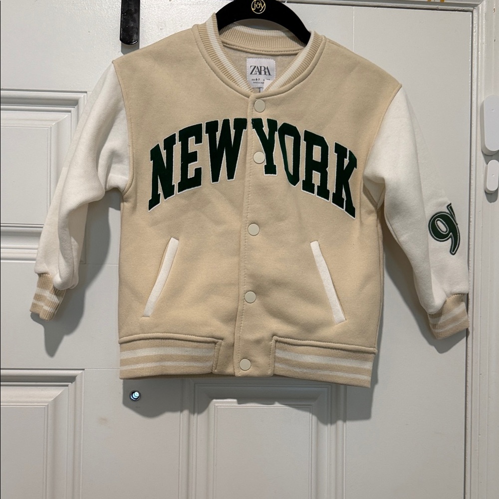 Zara Beige & White ' New York' girl Varsity Jacket with Dark Green Lettering
